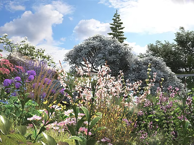 Colorful Garden Flowers And Various Plants Under Blue Sky With Green Trees 3d model