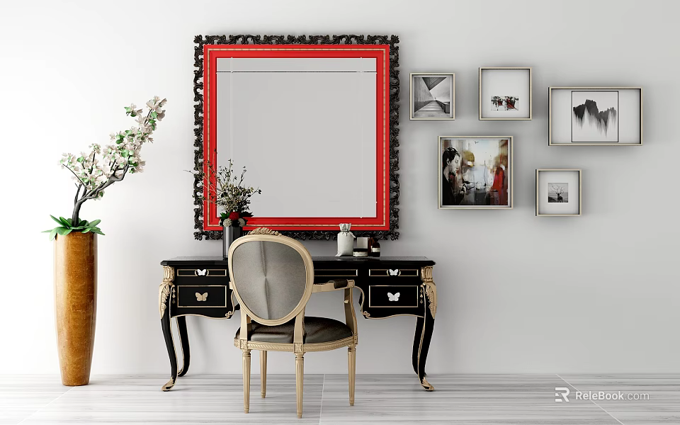 Elegant Black Dressing Table With Large Red Border Mirror Beige Chair And Wall Art 3d model 