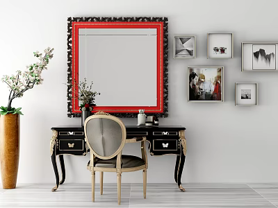 Elegant Black Dressing Table With Large Red Border Mirror Beige Chair And Wall Art 3d model