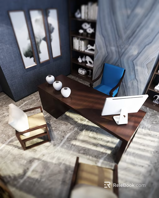 Modern Office Interior With Walnut Desk White Vases Blue Beige Chairs Computer Monitor And Bookshelf 3d model 