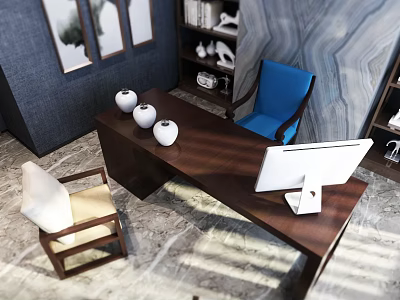 Modern Office Interior With Walnut Desk White Vases Blue Beige Chairs Computer Monitor And Bookshelf 3d model