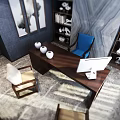 Modern Office Interior With Walnut Desk White Vases Blue Beige Chairs Computer Monitor And Bookshelf