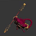 Mythical Warrior Character With Red Hair Golden Armor And Dragon Staff Tail