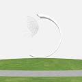 Garden Ornament Featuring Silver Crescent Sculpture With Butterfly Wing Structure On Green Grassy Hill