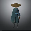 Katana Sword Weapon For Traditional Warrior In Blue Robe And Straw Hat
