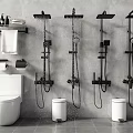 Modern Wall Mounted Shower Heads In Bathroom With Water Flowing And Accessories