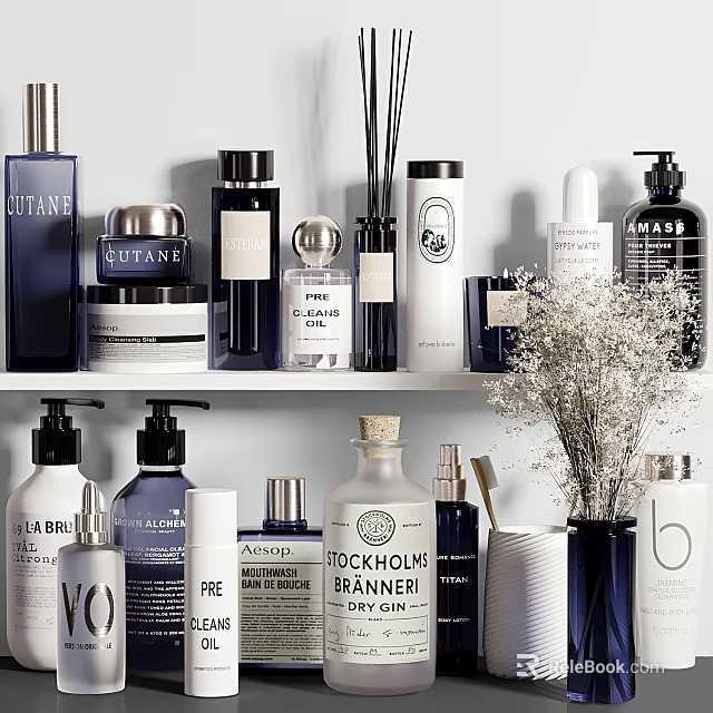 Stylish Modern Bathroom Accessories With Bottles Soap Dispensers Reed Diffusers Jars On Organized Shelf 3d model 