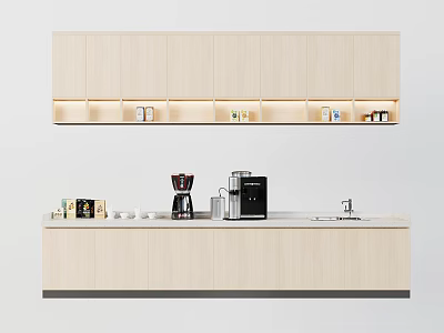 Modern Minimalist Sideboard With Light Wood Upper Cabinets LED Lighting Coffee Maker Mugs On Countertop 3d model
