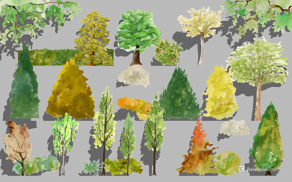 Cartoon Scenery With Various Colorful Different Types of Tree And Shrub Illustrations 3d model 