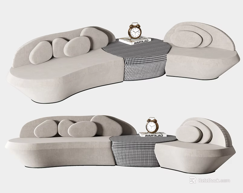 Elegant Modern Beige Sectional Sofa With Curved Design Multiple Cushions And Checkered Table 3d model