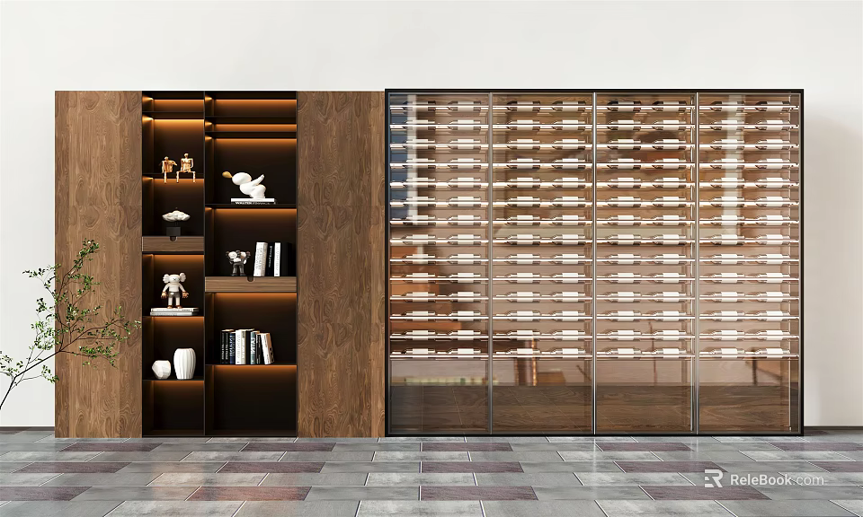 Elegant Wine Cabinet With Glass Doors And Organized Wine Bottles On Wooden Backdrop 3d model 
