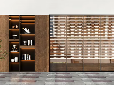 Elegant Wine Cabinet With Glass Doors And Organized Wine Bottles On Wooden Backdrop 3d model