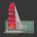 Modern Water Transport Vessel Featuring Red Sail Green Container And Graffiti Art