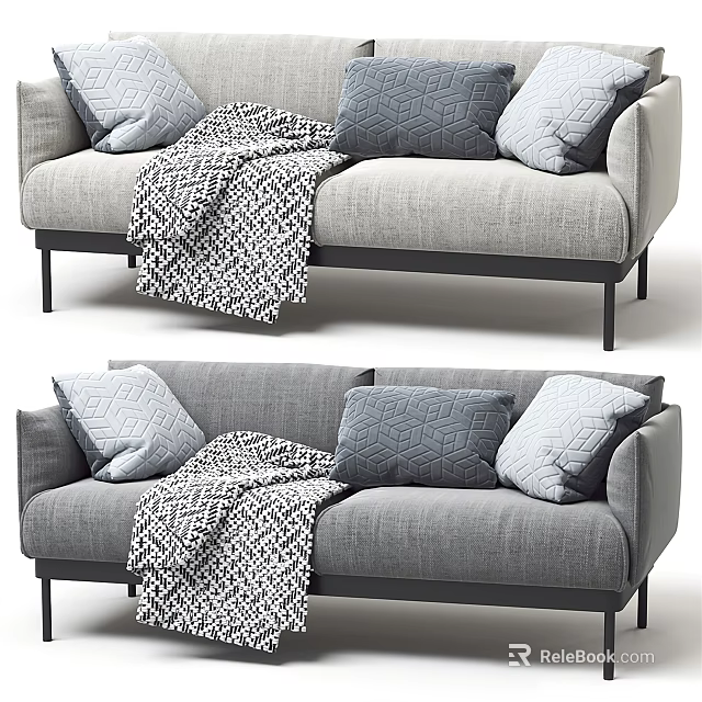 Grey Two Seater Sofa with Decorative Cushions And Patterned Blanket on Black Legs 3d model 