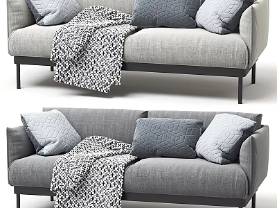 Grey Two Seater Sofa with Decorative Cushions And Patterned Blanket on Black Legs 3d model