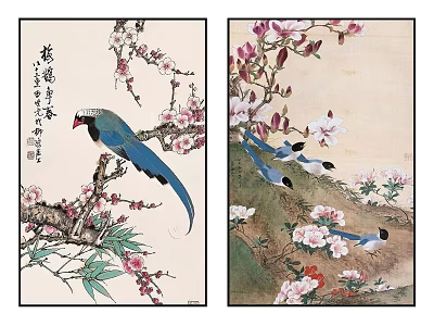 Traditional Chinese Flower and Bird Paintings with Plum Blossom Magnolia and Blue Birds 3d model