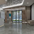 Modern Hotel Lobby Interior With Marble Reception Desk Decorative Ceiling Green Plants And Wall Art