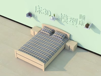Double Bed With Wooden Frame Plaid Bedspread Bedside Tables And Wall Shelves 3d model