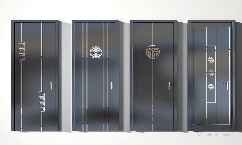 Modern Chinese Style Black Swing Doors With Golden Decorative Patterns And Fu Characters 3d model