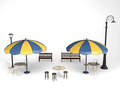 Garden Decor With Blue Yellow Striped Umbrellas Benches Tables Chairs And Street Lamps 3d model
