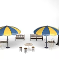 Garden Decor With Blue Yellow Striped Umbrellas Benches Tables Chairs And Street Lamps