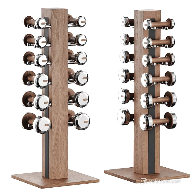Wooden Dumbbell Rack Organizing Fitness Sports Equipment With Metal Dumbbells 3d model 