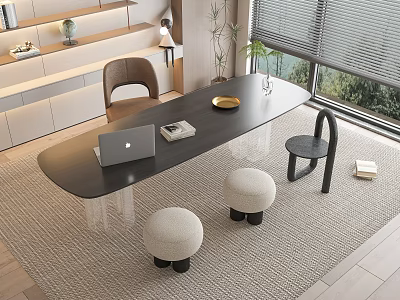 Modern Black Desk With Laptop Book Gold Tray Near Chair Stools And Window Green Plants 3d model