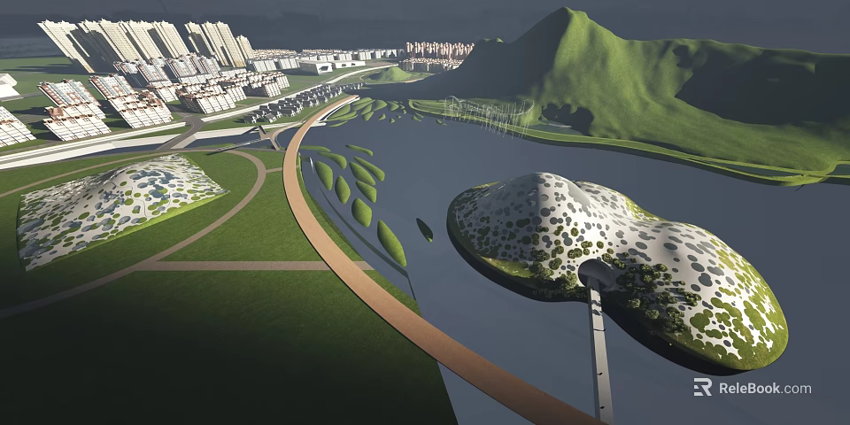 Modern Museum Building With Circular Design Green Roof Surrounded By Mountains And Water 3d model 