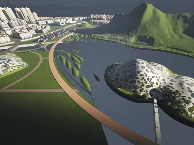 Modern Museum Building With Circular Design Green Roof Surrounded By Mountains And Water 3d model