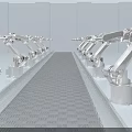 Intelligent Robotic Arms Arranged in Rows in Industrial Setting With Grid Floor and Blue Background