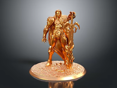 Golden Armored Man Statue Holding Sword Standing On Circular Base 3d model