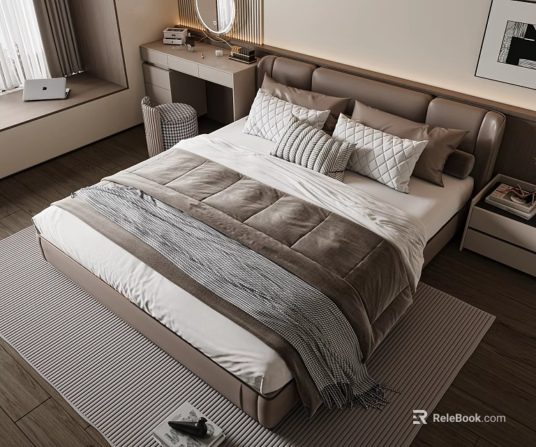 Modern Double Bed With Brown Headboard Plush Comforter Striped Pillows And Soft Blanket 3d model 