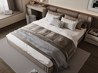 Modern Double Bed With Brown Headboard Plush Comforter Striped Pillows And Soft Blanket 3d model