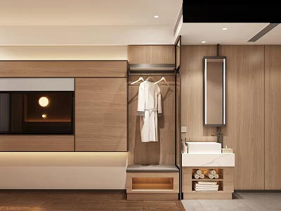 Modern Hotel Room Interior With Wooden Wardrobe Bathrobe Vanity And Mirror 3d model