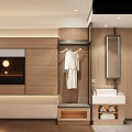 Modern Hotel Room Interior With Wooden Wardrobe Bathrobe Vanity And Mirror