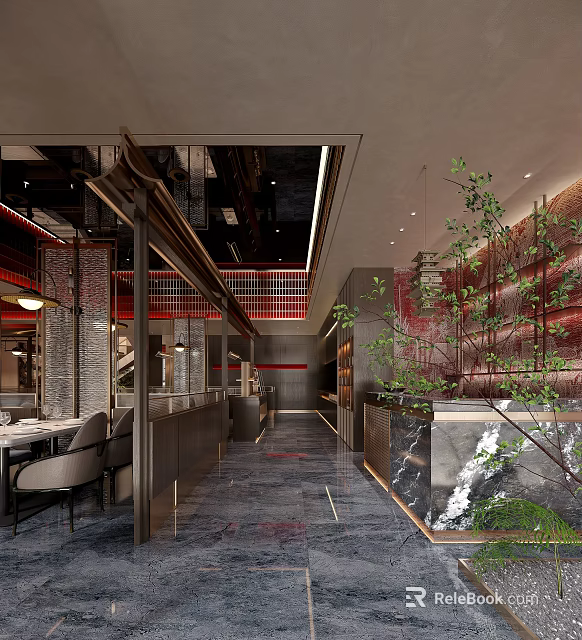 Modern Restaurant Interior With Decorative Wall Green Plants And Ambient Lighting 3d model 
