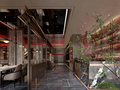 Modern Restaurant Interior With Decorative Wall Green Plants And Ambient Lighting 3d model