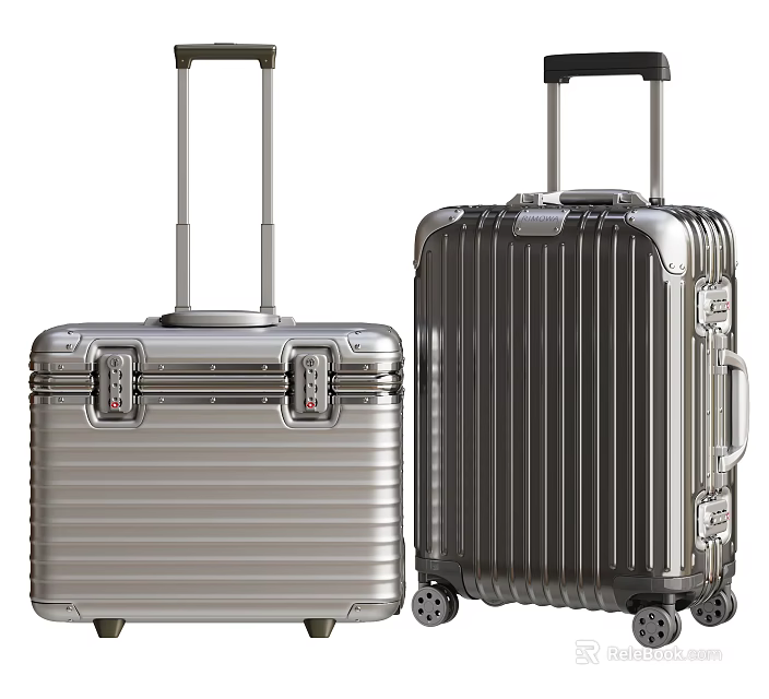 Two Different Sizes Metallic Suitcases With Telescopic Handles Wheels And Striped Design 3d model 