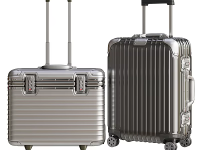 Two Different Sizes Metallic Suitcases With Telescopic Handles Wheels And Striped Design 3d model