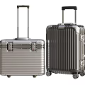Two Different Sizes Metallic Suitcases With Telescopic Handles Wheels And Striped Design