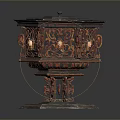 Office Desk With Decorative Hexagonal Carved Box And Intricate Red Gold Patterns