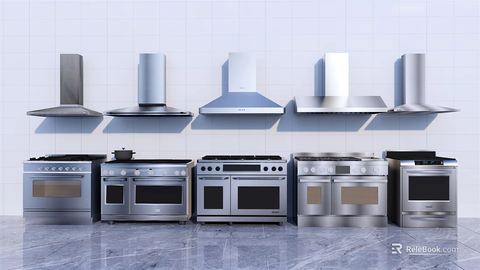 Modern Kitchen Appliances Display Featuring Stainless Steel Range Hoods And Ovens 3d model 