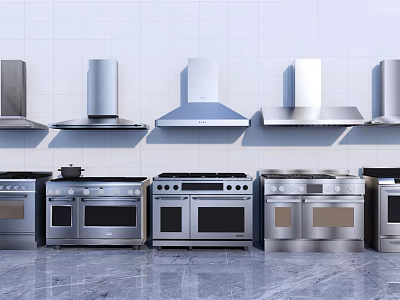 Modern Kitchen Appliances Display Featuring Stainless Steel Range Hoods And Ovens 3d model
