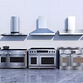 Modern Kitchen Appliances Display Featuring Stainless Steel Range Hoods And Ovens