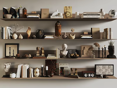 Home Decorative Ornament Combination With Vases Sculptures Books And Photo Frames On Shelves 3d model