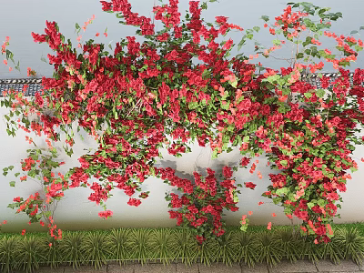 Lush Plant Combination Featuring Red Flowers Green Leaves and Grass at the Bottom 3d model
