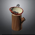 Mushroom Shaped Sink With Red Rim And Tree Stump Base Featuring Silver Faucet