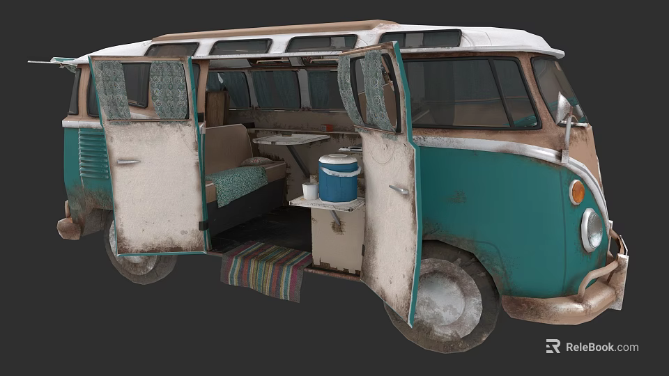 Vintage Turquoise And White Bus With Open Doors Interior Seats Table Cooler Striped Rug 3d model 
