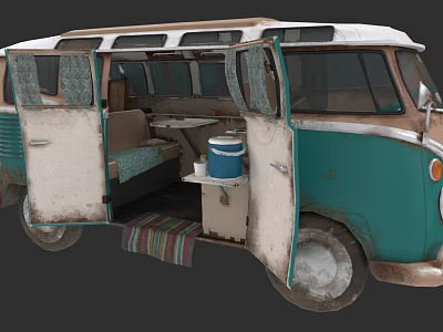 Vintage Turquoise And White Bus With Open Doors Interior Seats Table Cooler Striped Rug 3d model