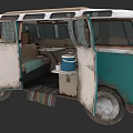 Vintage Turquoise And White Bus With Open Doors Interior Seats Table Cooler Striped Rug